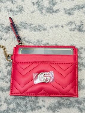 New Designer Inspired Red Quilted Card Case with GG Charm